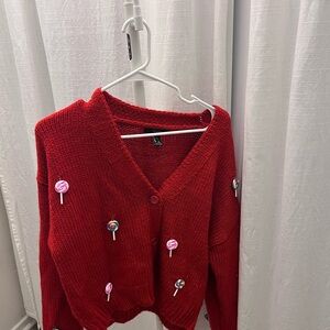 Red Knit cardigan with Candycane charms size small